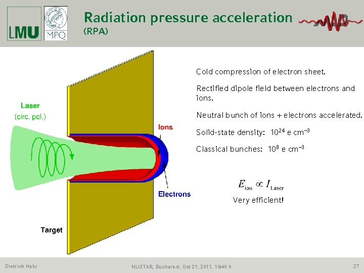 Radiation pressure acceleration (RPA) Cold compression of electron sheet. Rectified dipole field between electrons