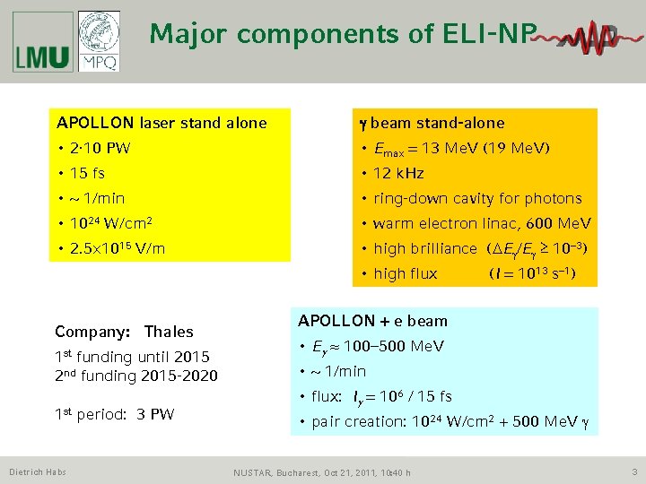 Major components of ELI-NP APOLLON laser stand alone g beam stand-alone • 2∙ 10