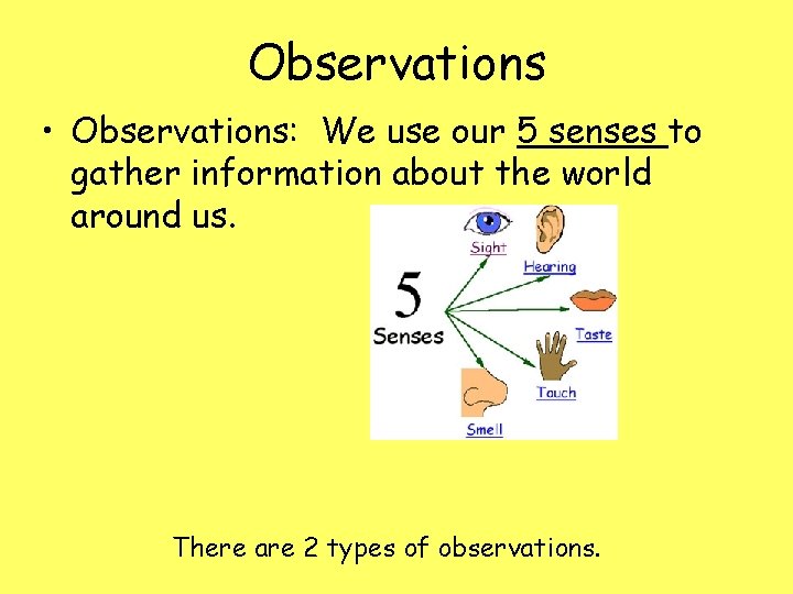 Observations • Observations: We use our 5 senses to gather information about the world