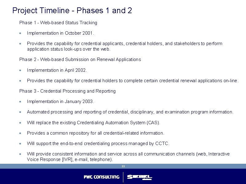 Project Timeline - Phases 1 and 2 Phase 1 - Web-based Status Tracking · Project Timeline - Phases 1 and 2 Phase 1 - Web-based Status Tracking ·