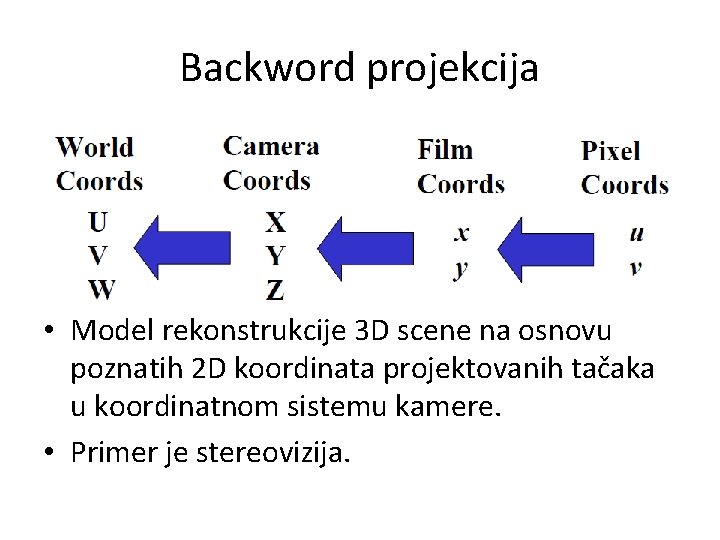 Backword projekcija • Model rekonstrukcije 3 D scene na osnovu poznatih 2 D koordinata