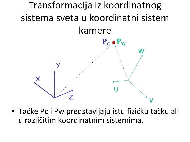 Transformacija iz koordinatnog sistema sveta u koordinatni sistem kamere • Tačke Pc i Pw