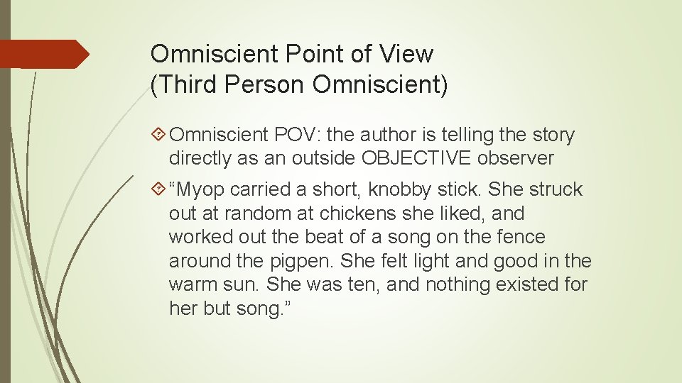 Omniscient Point of View (Third Person Omniscient) Omniscient POV: the author is telling the