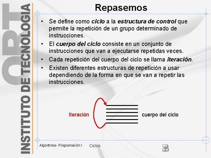 Repasemos • Se define como ciclo a la estructura de control que permite la