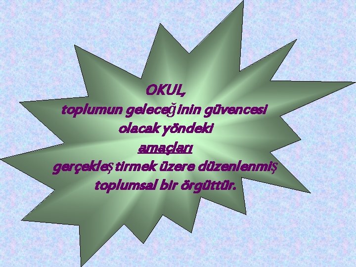 OKUL, toplumun geleceğinin güvencesi olacak yöndeki amaçları gerçekleştirmek üzere düzenlenmiş toplumsal bir örgüttür. 