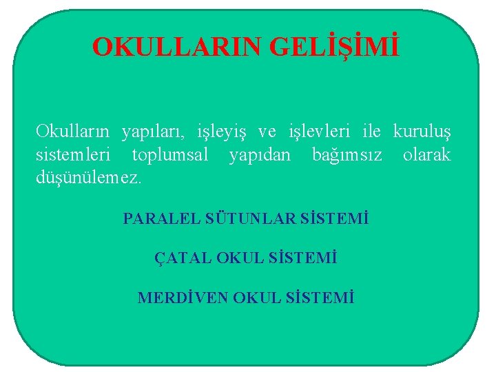 OKULLARIN GELİŞİMİ Okulların yapıları, işleyiş ve işlevleri ile kuruluş sistemleri toplumsal yapıdan bağımsız olarak