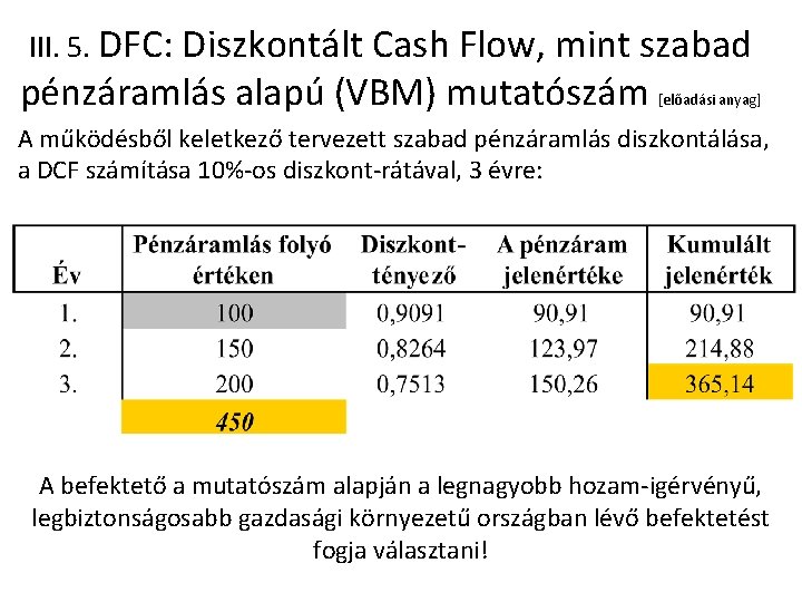 III. 5. DFC: Diszkontált Cash Flow, mint szabad pénzáramlás alapú (VBM) mutatószám [előadási anyag]