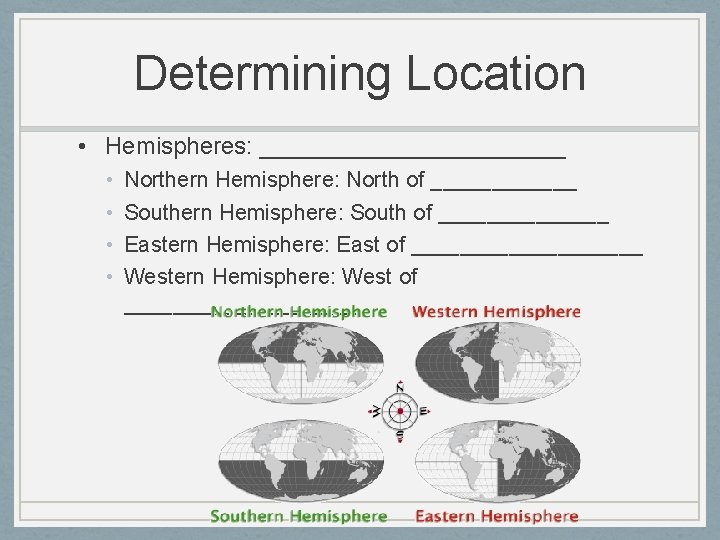 Determining Location • Hemispheres: ____________ • • Northern Hemisphere: North of ______ Southern Hemisphere: