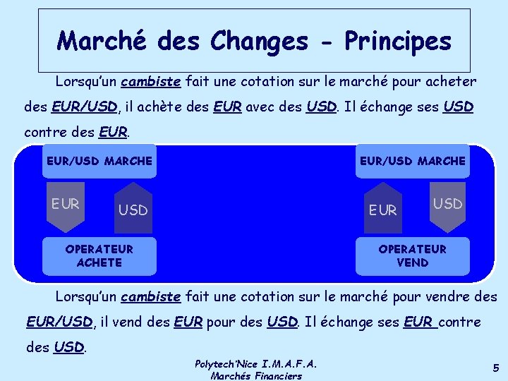 Marché des Changes - Principes Lorsqu’un cambiste fait une cotation sur le marché pour