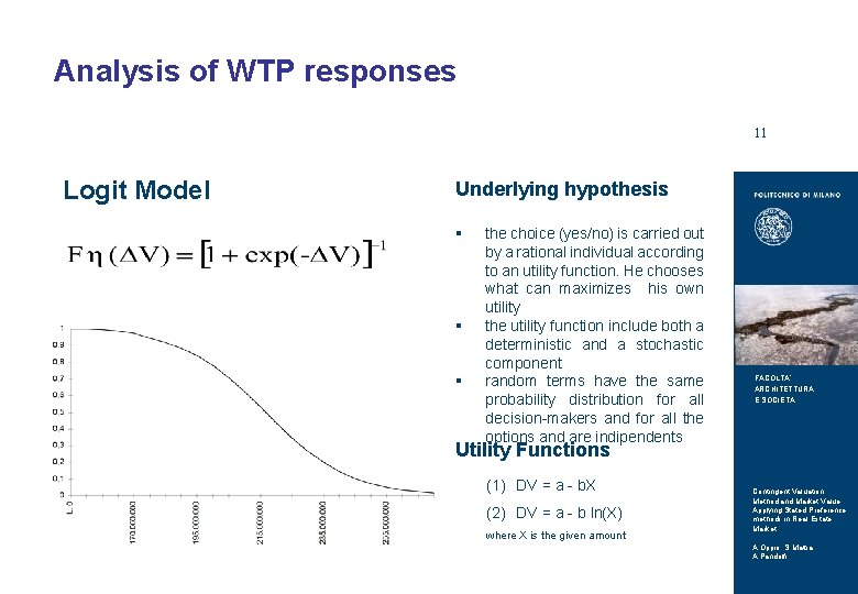 TITOLO DELLA PRESENTAZIONE Analysis of WTP responses 11 Logit Model Underlying hypothesis § §