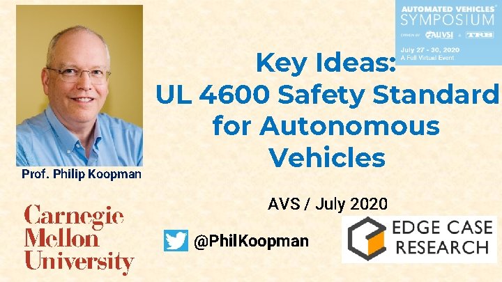 Prof. Philip Koopman Key Ideas: UL 4600 Safety Standard for Autonomous Vehicles AVS /