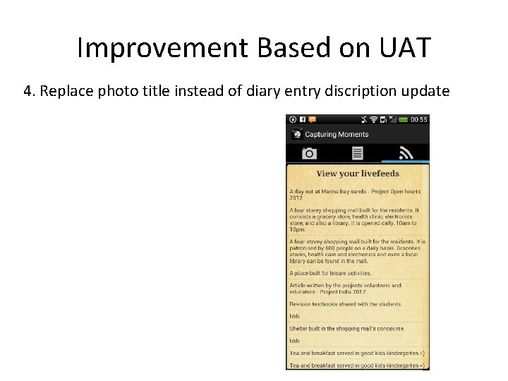 Improvement Based on UAT 4. Replace photo title instead of diary entry discription update