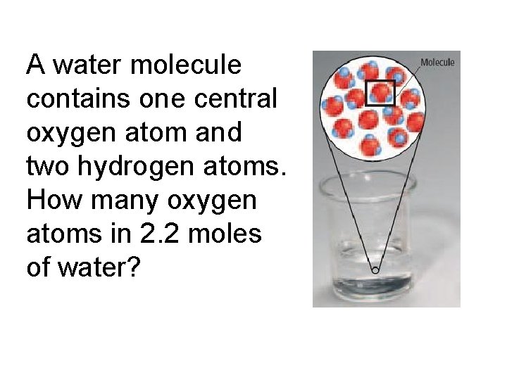 A water molecule contains one central oxygen atom and two hydrogen atoms. How many