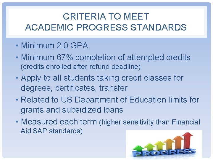 CRITERIA TO MEET ACADEMIC PROGRESS STANDARDS • Minimum 2. 0 GPA • Minimum 67% CRITERIA TO MEET ACADEMIC PROGRESS STANDARDS • Minimum 2. 0 GPA • Minimum 67%