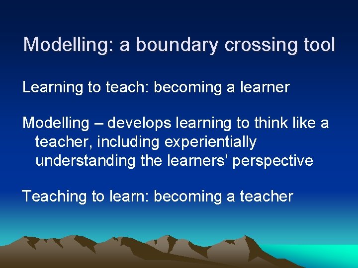 Modelling: a boundary crossing tool Learning to teach: becoming a learner Modelling – develops Modelling: a boundary crossing tool Learning to teach: becoming a learner Modelling – develops
