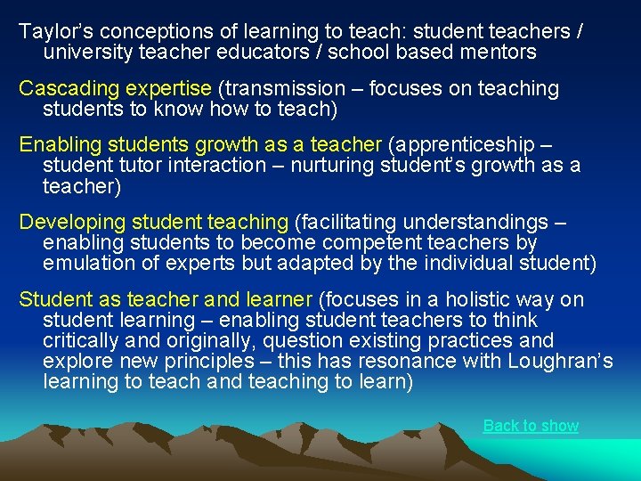 Taylor’s conceptions of learning to teach: student teachers / university teacher educators / school Taylor’s conceptions of learning to teach: student teachers / university teacher educators / school