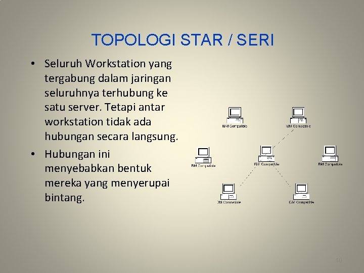 TOPOLOGI STAR / SERI • Seluruh Workstation yang tergabung dalam jaringan seluruhnya terhubung ke