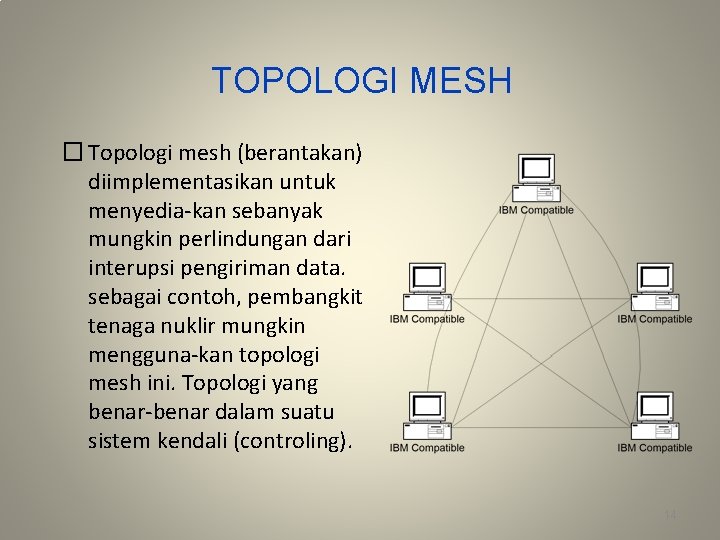 TOPOLOGI MESH � Topologi mesh (berantakan) diimplementasikan untuk menyedia-kan sebanyak mungkin perlindungan dari interupsi