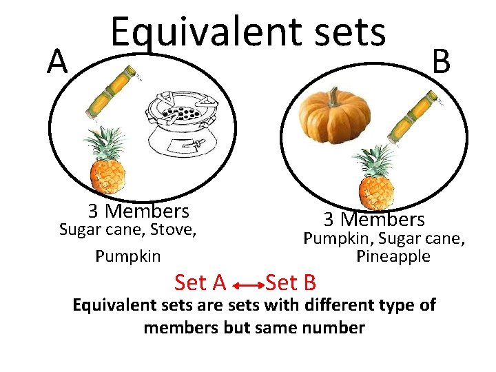 A Equivalent sets 3 Members Sugar cane, Stove, Pumpkin Set A B 3 Members