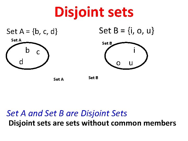 Disjoint sets Set B = {i, o, u} Set A = {b, c, d}