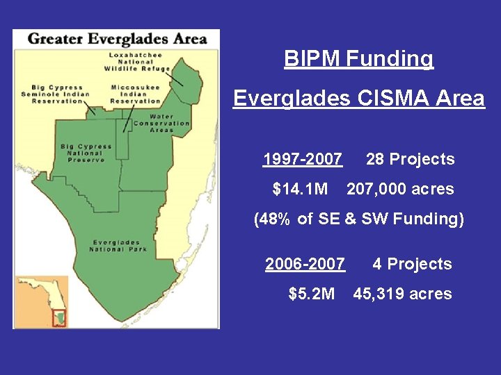 BIPM Funding Everglades CISMA Area 1997 -2007 $14. 1 M 28 Projects 207, 000