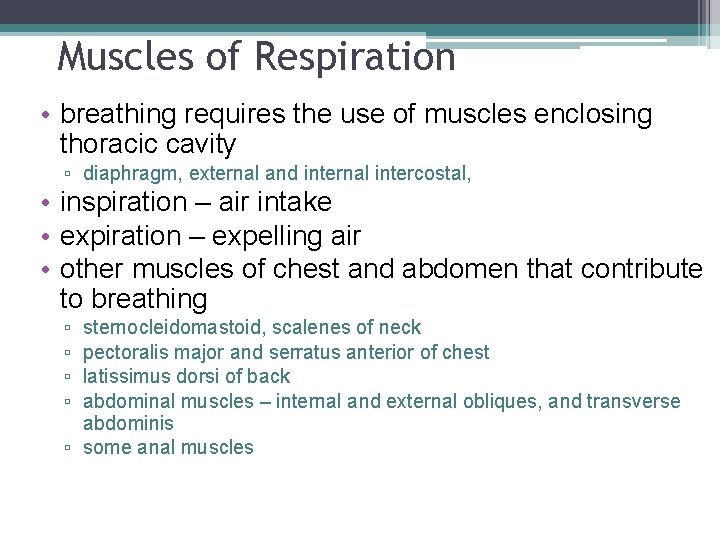 Muscles of Respiration • breathing requires the use of muscles enclosing thoracic cavity ▫