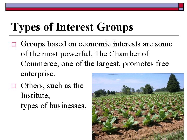 Types of Interest Groups o o Groups based on economic interests are some of