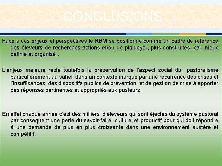 CONCLUSIONS Face a ces enjeux et perspectives le RBM se positionne comme un cadre