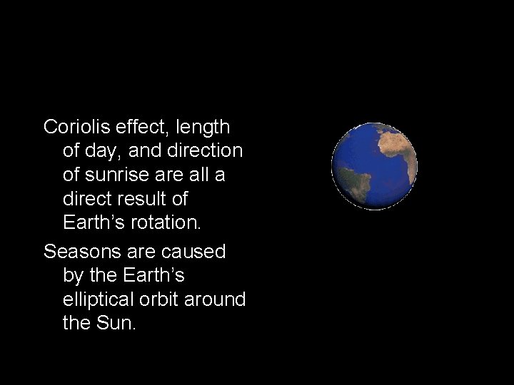 Coriolis effect, length of day, and direction of sunrise are all a direct result