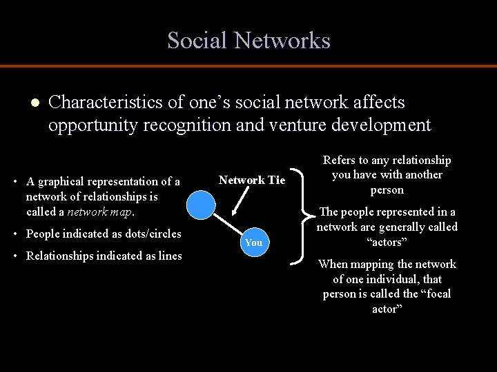 Social Networks l Characteristics of one’s social network affects opportunity recognition and venture development