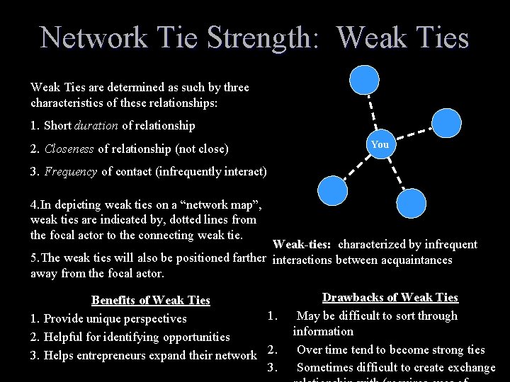 Network Tie Strength: Weak Ties are determined as such by three characteristics of these