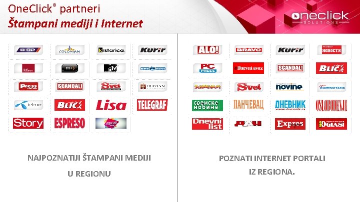 One. Click® partneri Štampani mediji i Internet NAJPOZNATIJI ŠTAMPANI MEDIJI U REGIONU POZNATI INTERNET