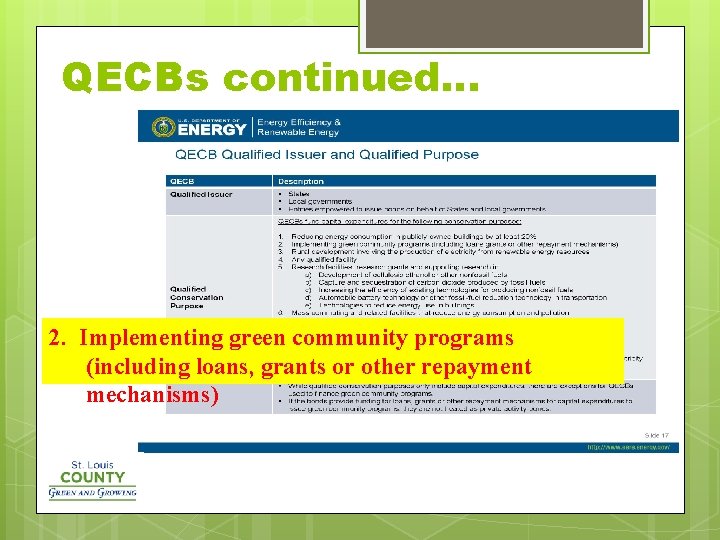 QECBs continued… 2. Implementing green community programs (including loans, grants or other repayment mechanisms)