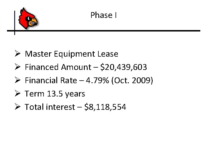 Phase I Ø Ø Ø Master Equipment Lease Financed Amount – $20, 439, 603
