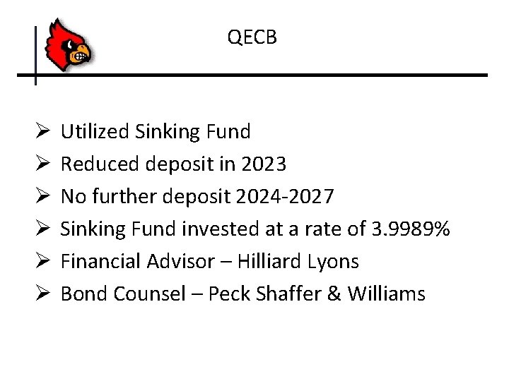 QECB Ø Ø Ø Utilized Sinking Fund Reduced deposit in 2023 No further deposit