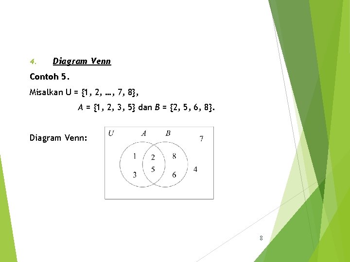 4. Diagram Venn Contoh 5. Misalkan U = {1, 2, …, 7, 8}, A