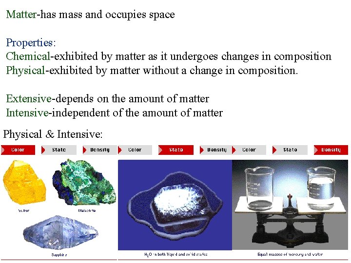 Matter-has mass and occupies space Properties: Chemical-exhibited by matter as it undergoes changes in