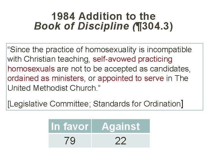 1984 Addition to the Book of Discipline (¶ 304. 3) “Since the practice of