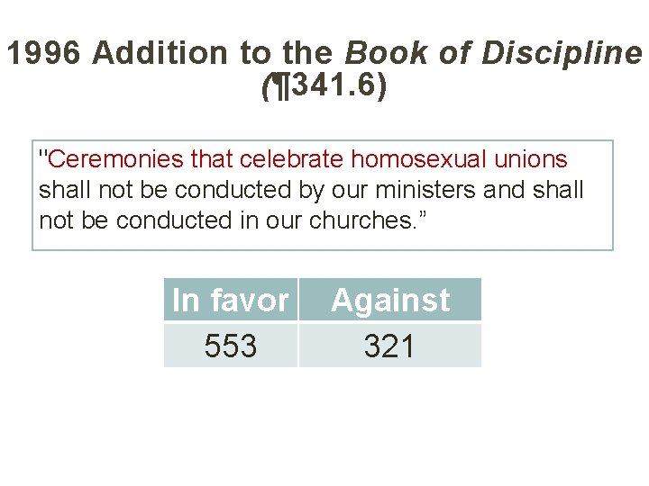 1996 Addition to the Book of Discipline (¶ 341. 6) "Ceremonies that celebrate homosexual