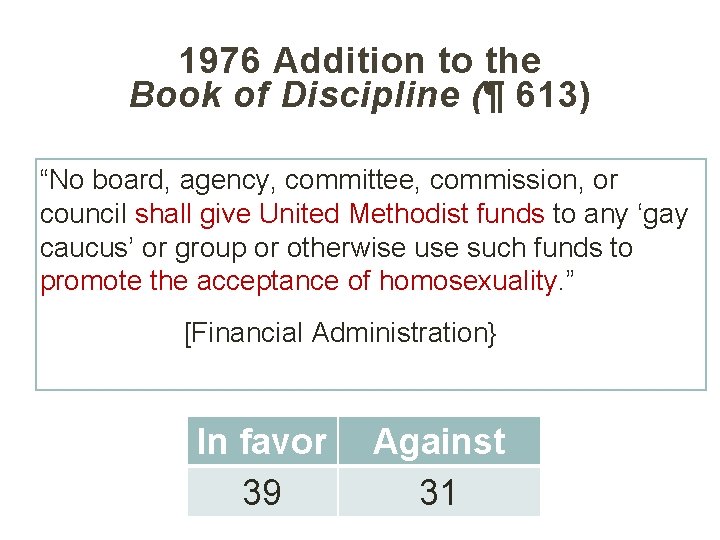 1976 Addition to the Book of Discipline (¶ 613) “No board, agency, committee, commission,