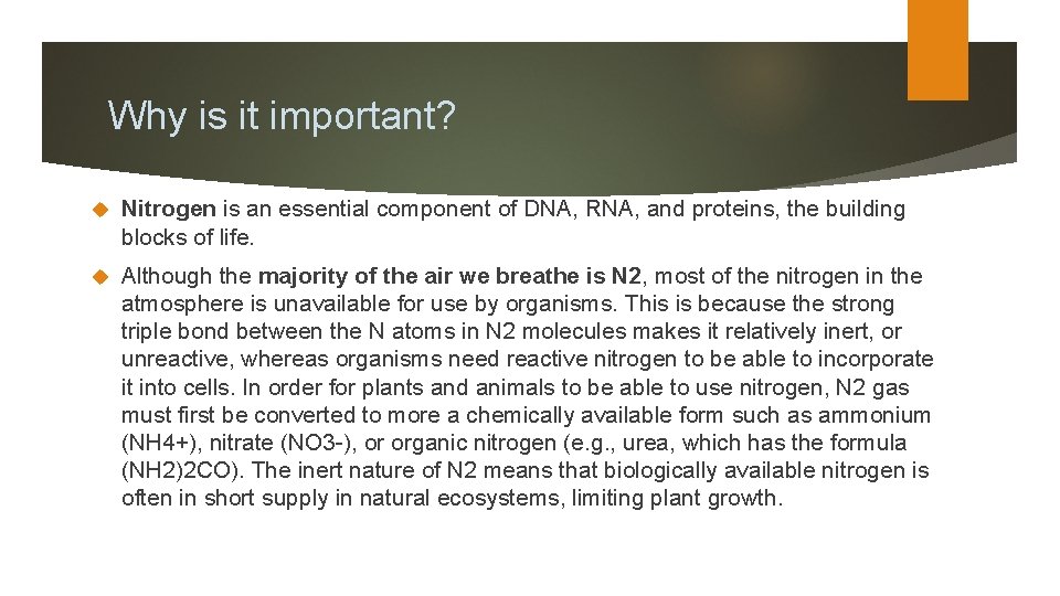 Why is it important? Nitrogen is an essential component of DNA, RNA, and proteins,