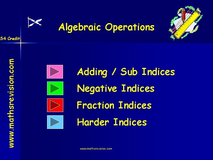 Algebraic Operations www. mathsrevision. com S 4 Credit Adding / Sub Indices Negative Indices