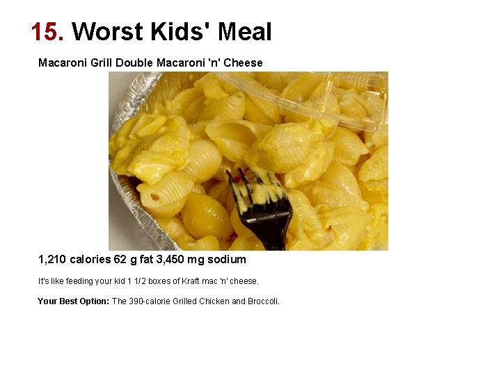 15. Worst Kids' Meal Macaroni Grill Double Macaroni 'n' Cheese 1, 210 calories 62 15. Worst Kids' Meal Macaroni Grill Double Macaroni 'n' Cheese 1, 210 calories 62