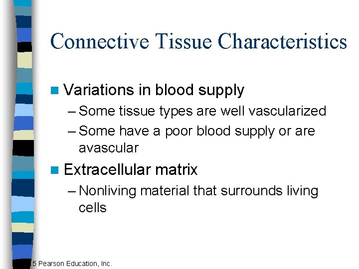 Connective Tissue Characteristics n Variations in blood supply – Some tissue types are well