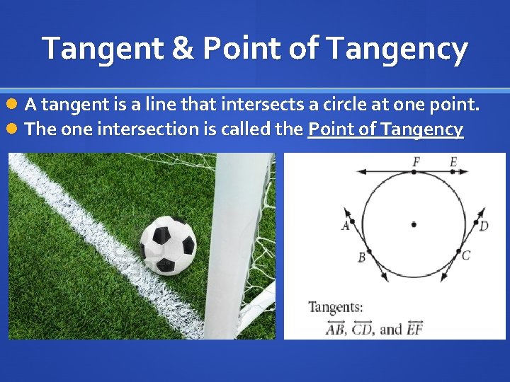 Tangent & Point of Tangency A tangent is a line that intersects a circle