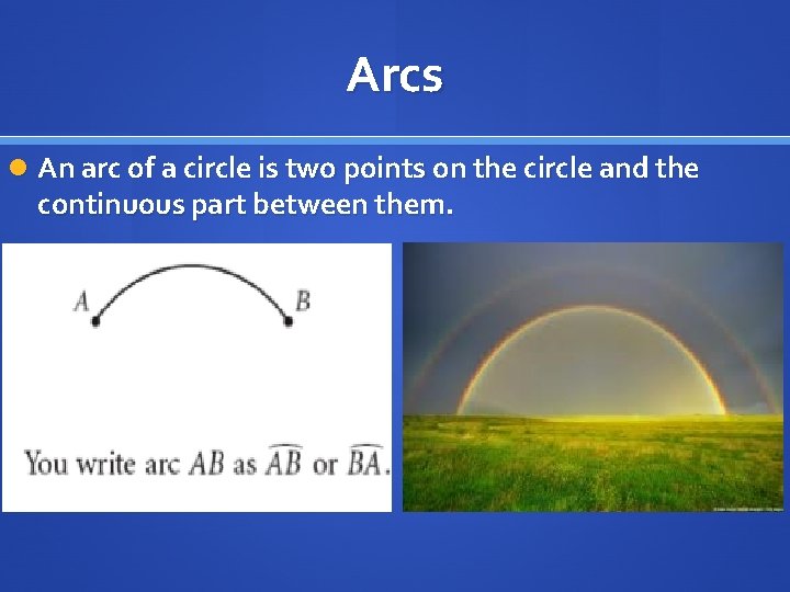 Arcs An arc of a circle is two points on the circle and the
