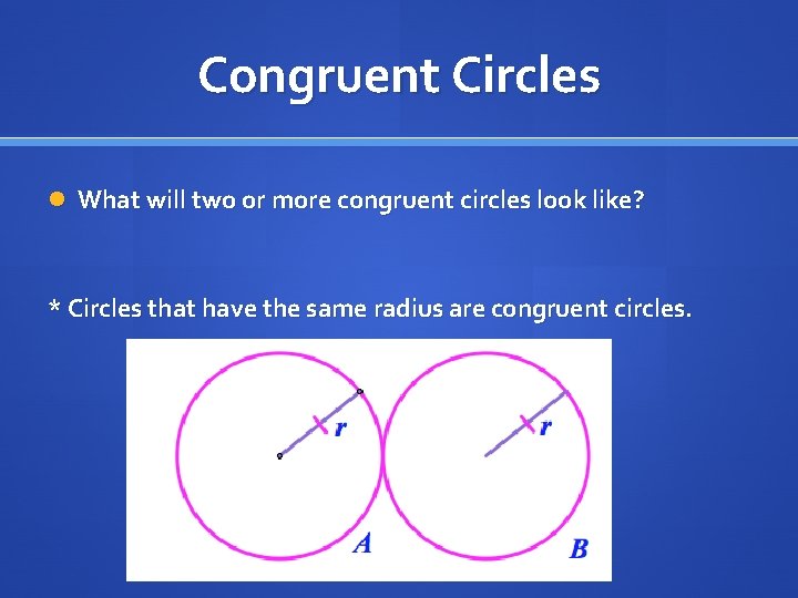 Congruent Circles What will two or more congruent circles look like? * Circles that