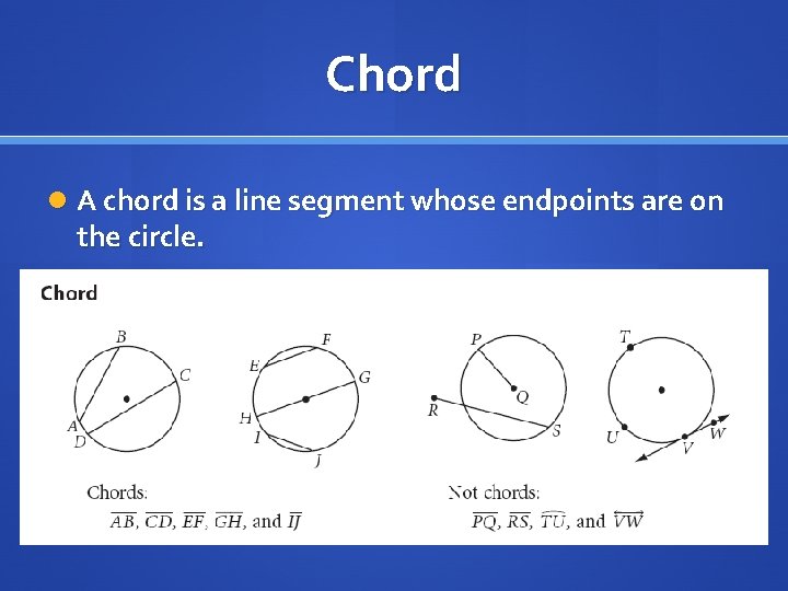 Chord A chord is a line segment whose endpoints are on the circle. 