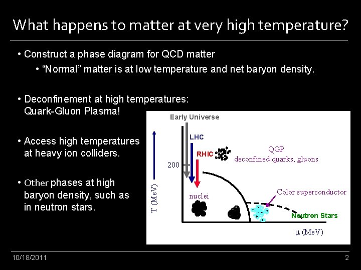 What happens to matter at very high temperature? • Construct a phase diagram for