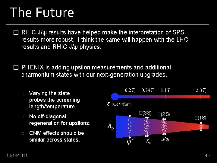 The Future � RHIC J/ψ results have helped make the interpretation of SPS results